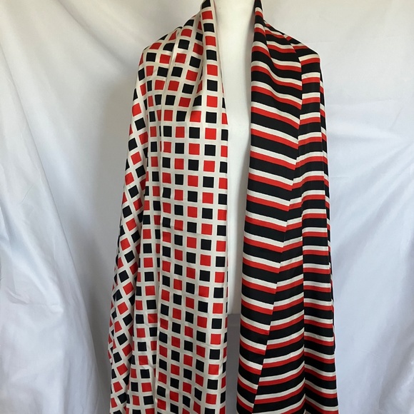 NORELL Silk Red and Black Checker and Stripe Print Fringe Hem Scarf Shawl - Picture 2 of 7